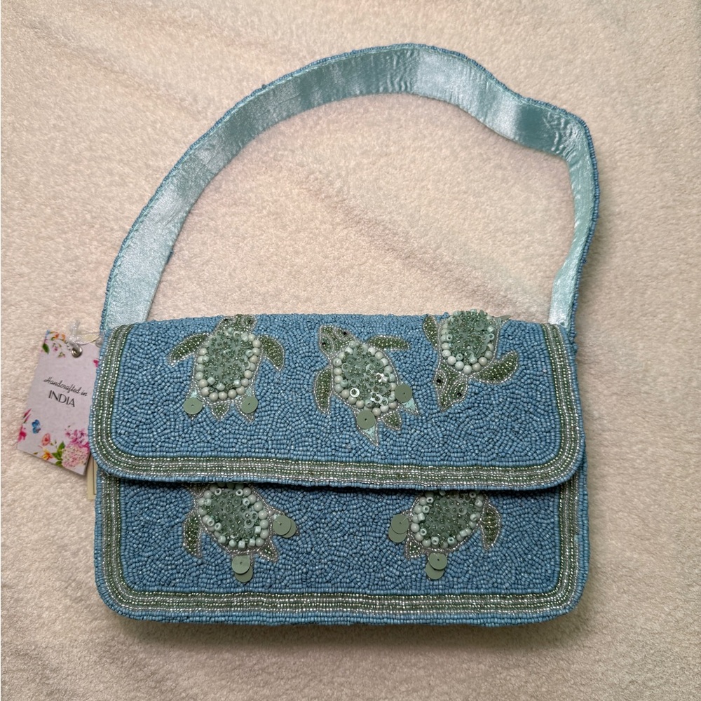 NWT VIRAL Blue Beaded Turtle Design Women's Bag Made in India